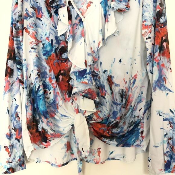 Karen Kane Ruffle Blouse Abstract Long Sleeve Top White Blue Made in USA Small - Picture 5 of 10